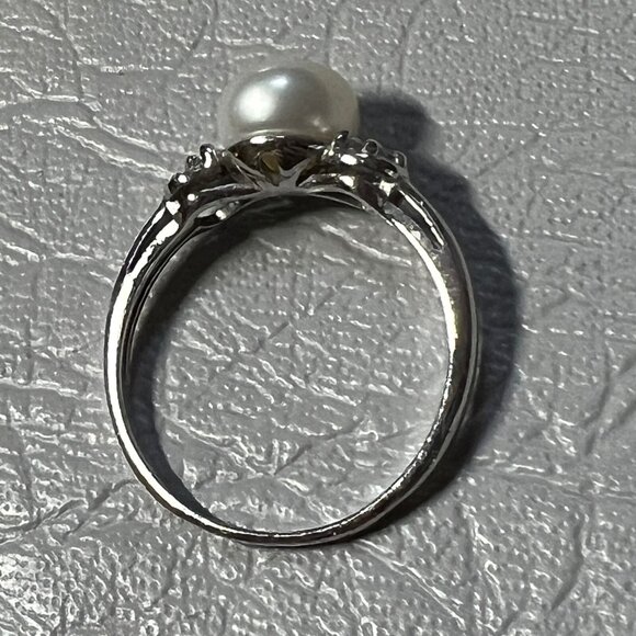 Womens Sterling Imitation Pearl Ring Sterling Silver Clear Stone Accents Size 10 - Picture 6 of 9